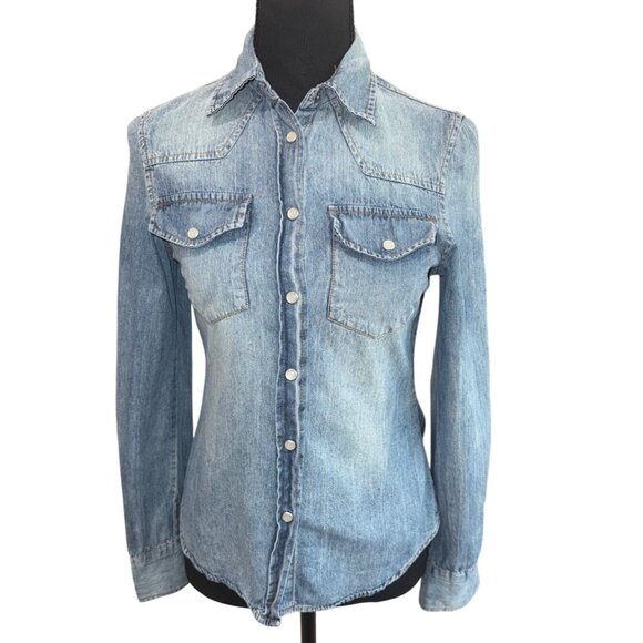 Y2K Vintage Wet Seal Classic Denim Pearl Snap Button Down Cowgirl Western Shirt - Picture 2 of 9